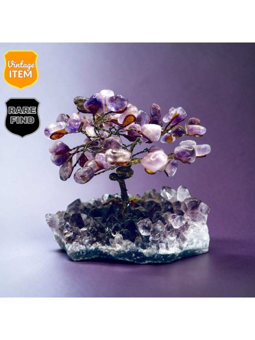 Vintage 3" Bonsai Amethyst Crystal Tree Feng Shui Healing Good Luck Prosperity.